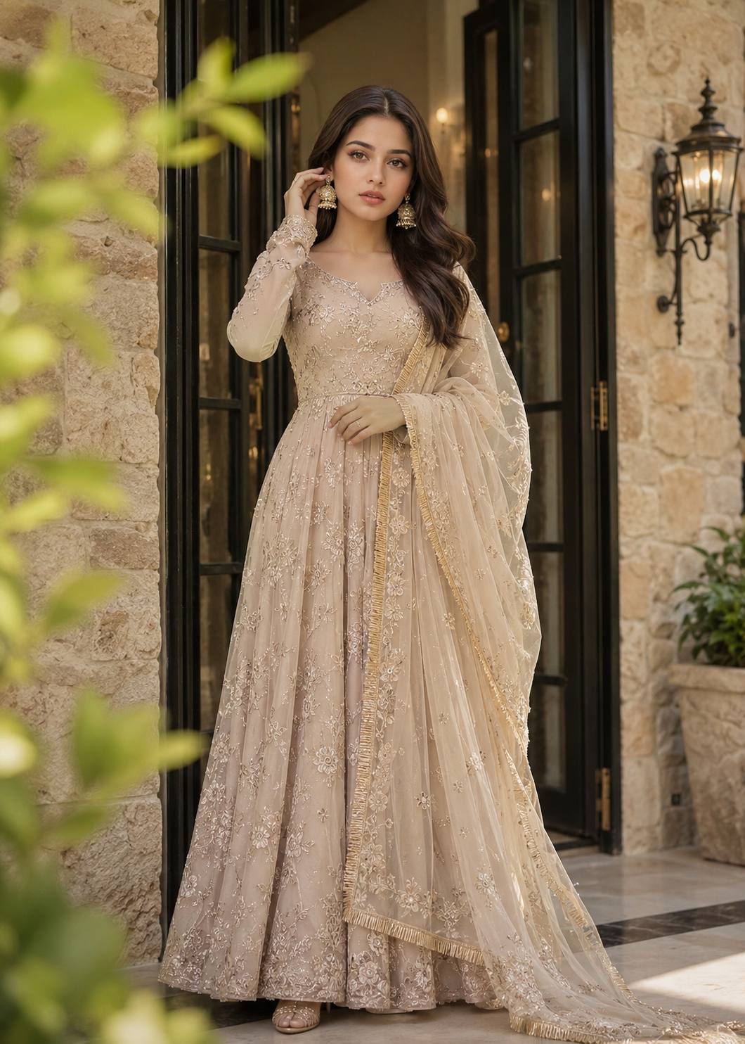 Pastel Beige Anarkali Portrait | Luxury Indian Ethnic Fashion Editorial AI prompt