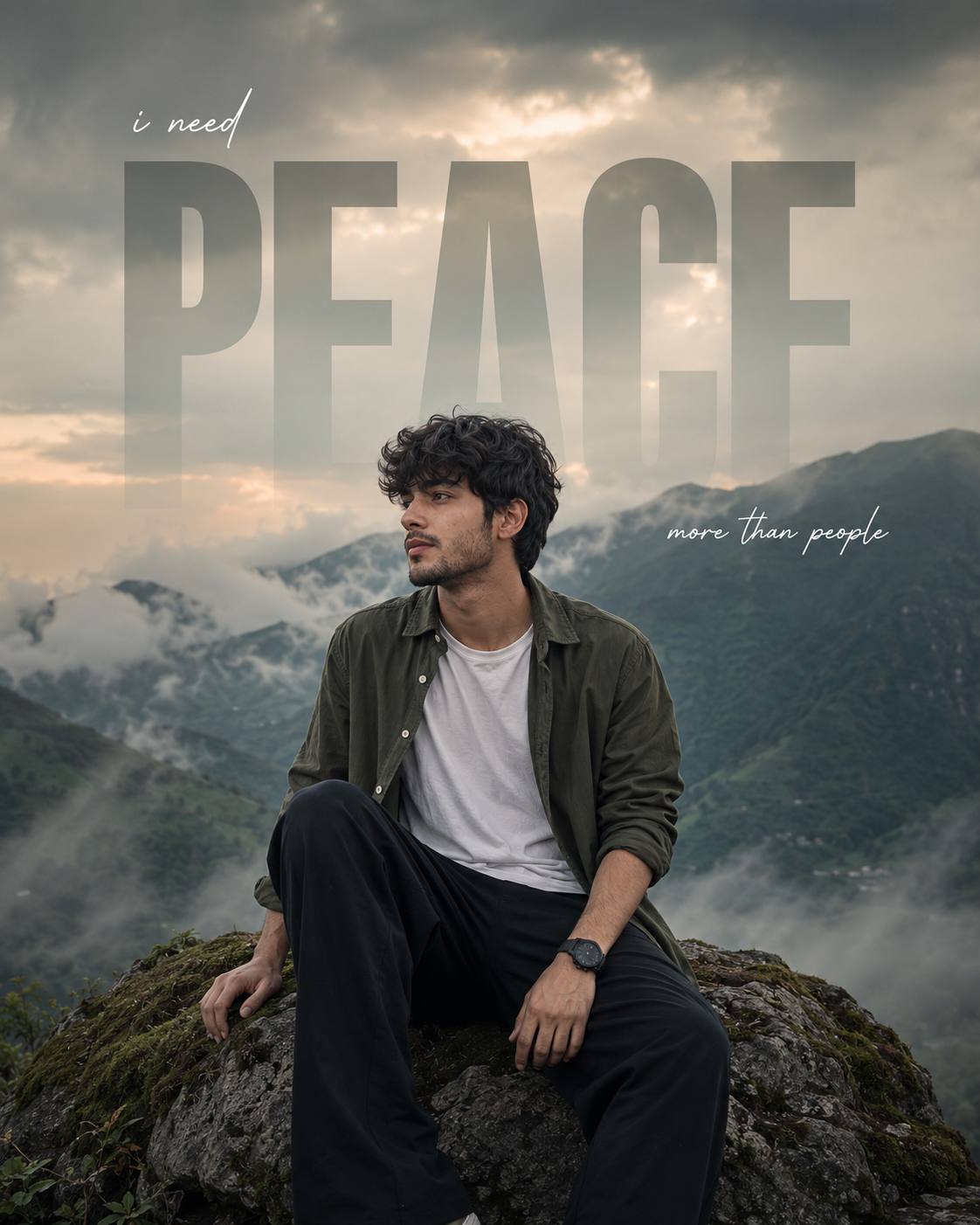 Peaceful Indian Man in Misty Mountains | Cinematic Monsoon Travel Instagram Portrait AI Prompt