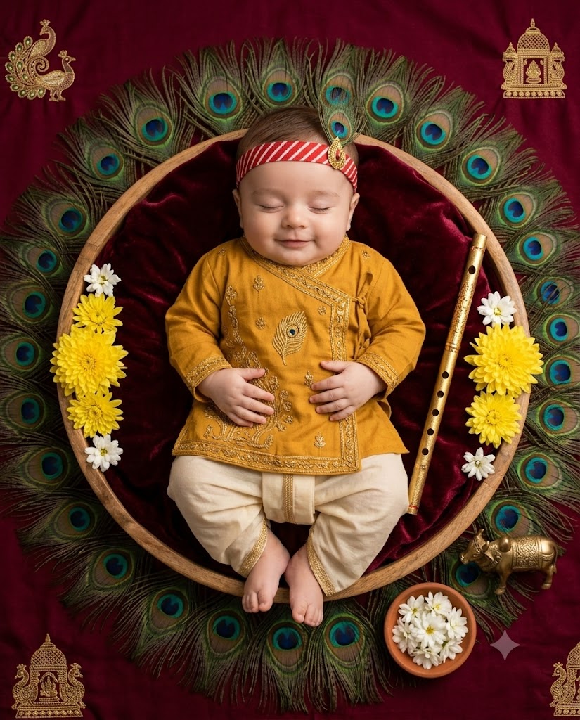 Peaceful Sleeping Baby Krishna in Peacock Feather Basket AI Image Prompt