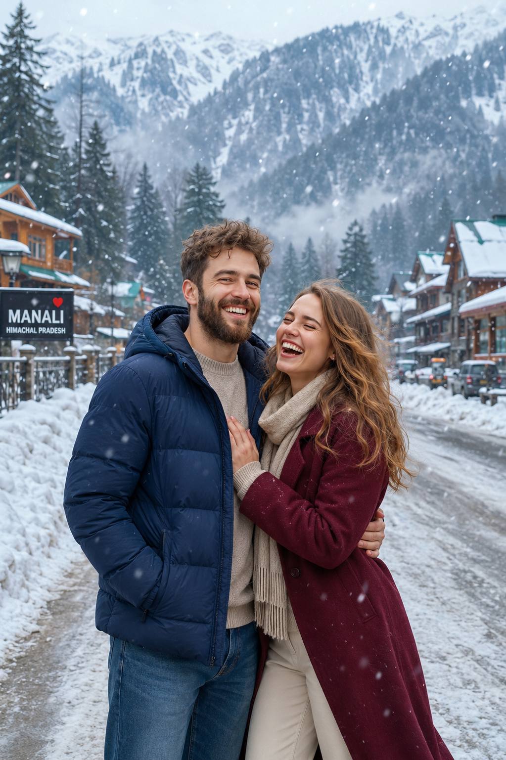 Photorealistic Couple Winter Vacation Portrait in Manali | Snowy Himalayan Travel Photography