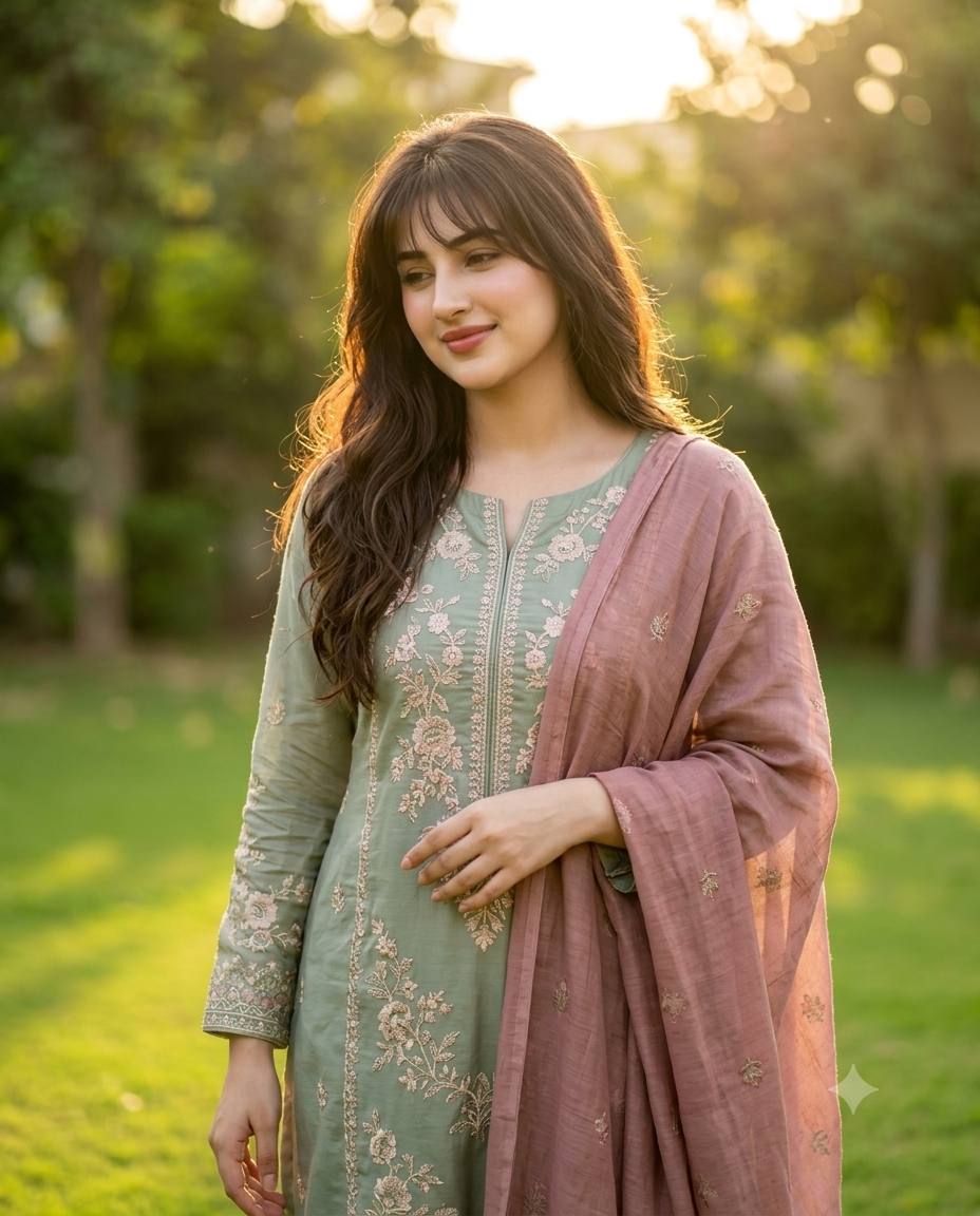 Sage green salwar suit portrait AI prompt | Elegant garden fashion