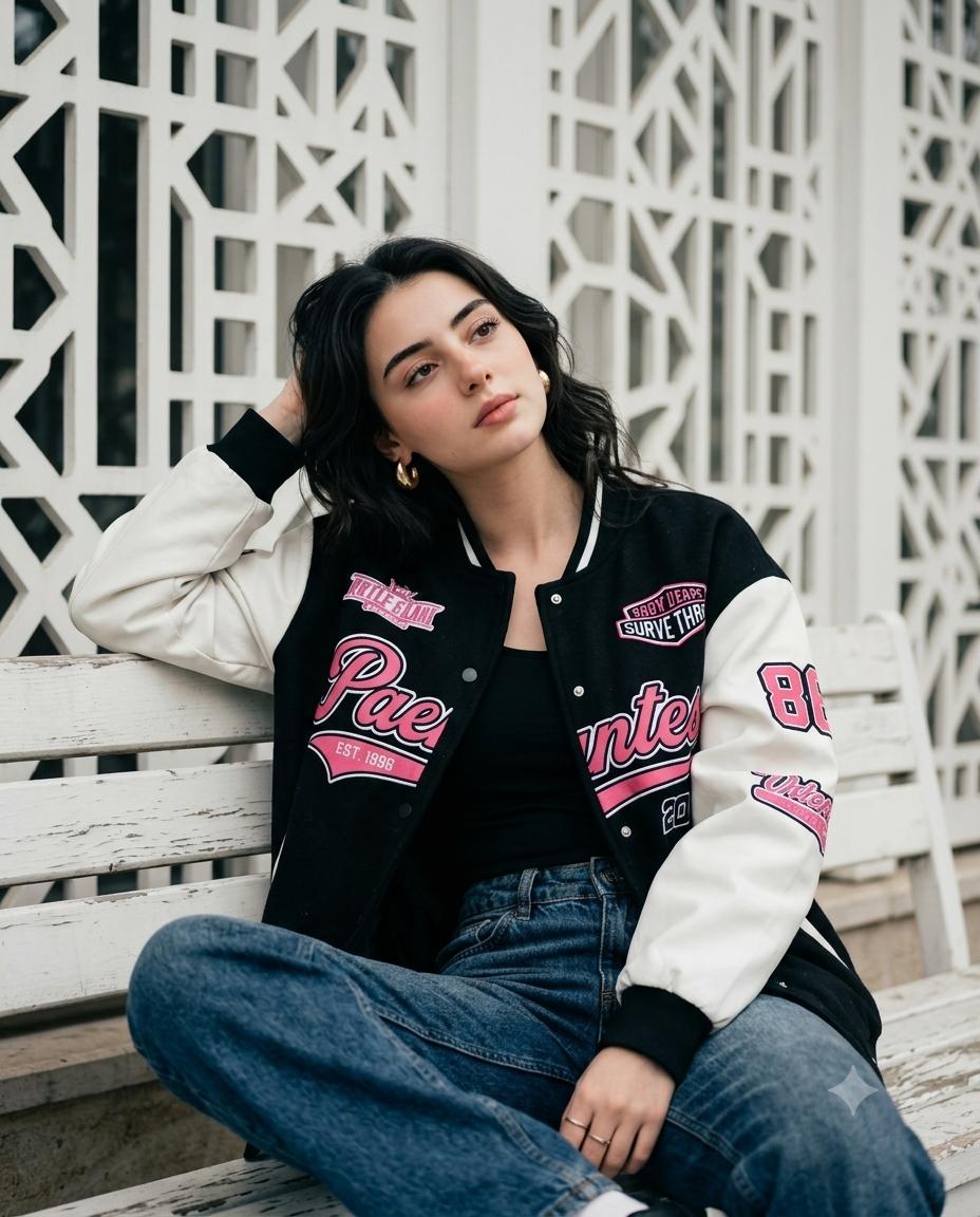 Street Style Woman Portrait AI Image Prompt Gemini | Black Varsity Jacket, Blue Jeans & Urban Fashion Photography