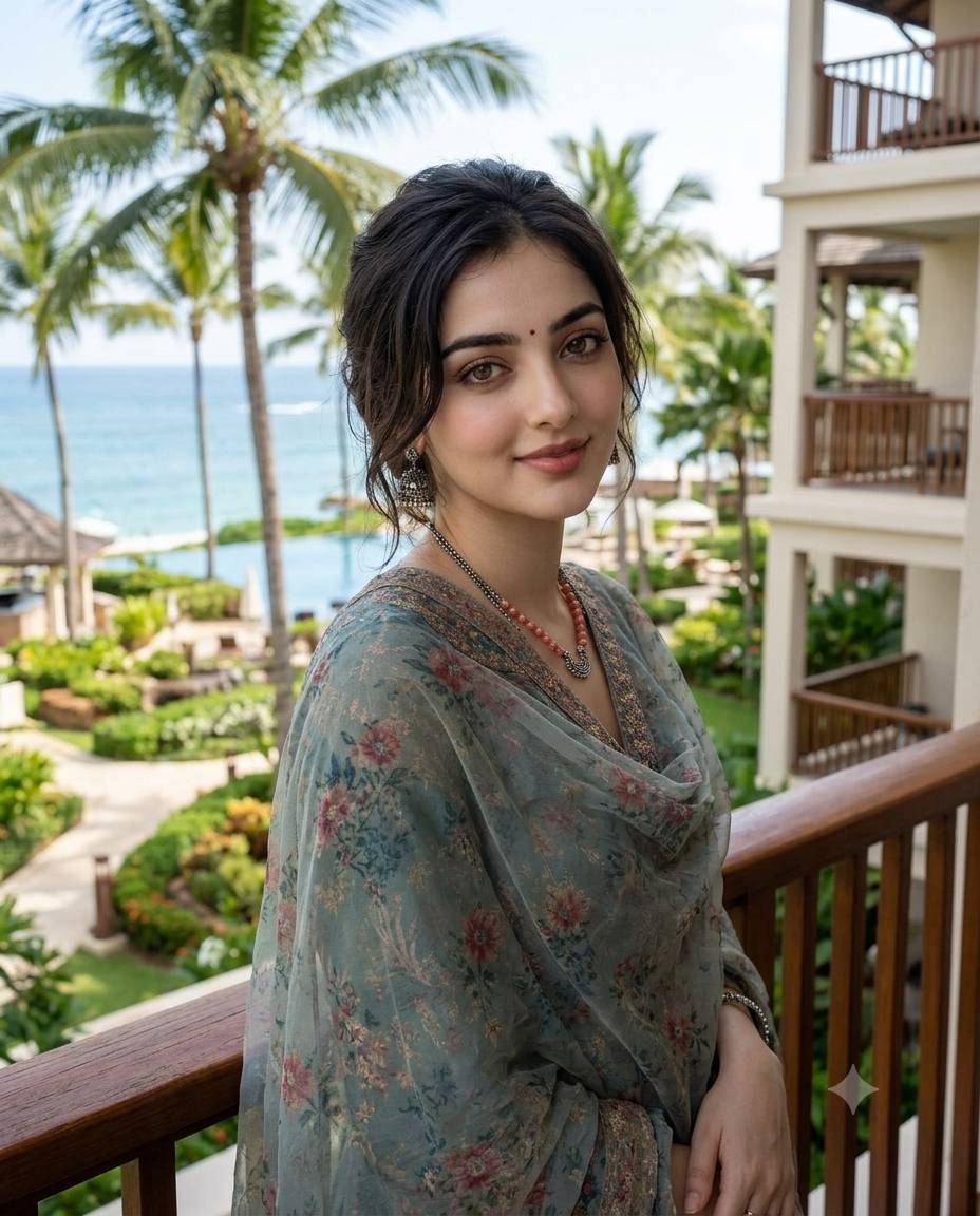 Tropical resort portrait AI prompt | Pastel fashion and ocean balcony