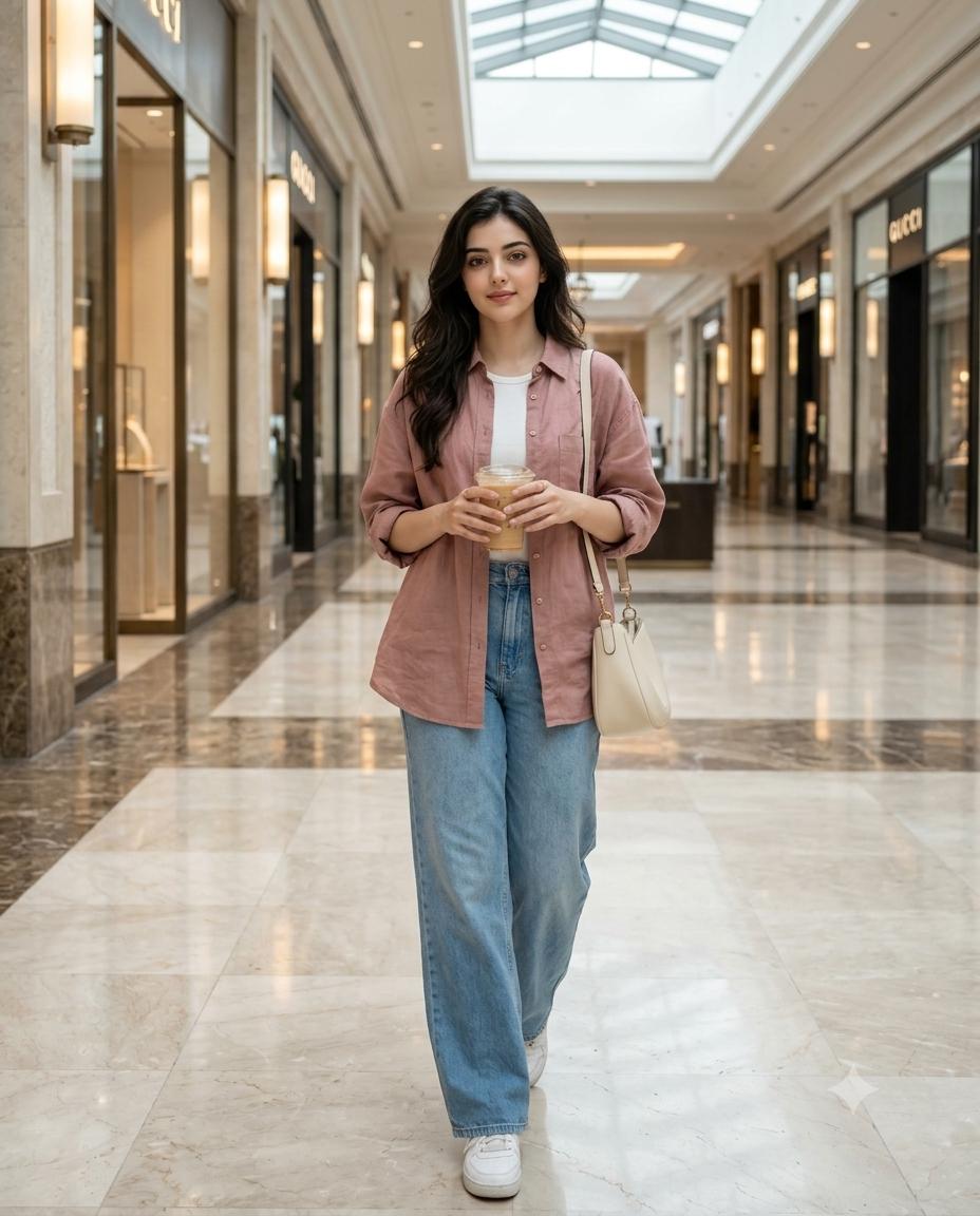 Young Woman Shopping Mall Portrait AI Image Prompt | Photorealistic Dusty Pink Shirt & Iced Coffee