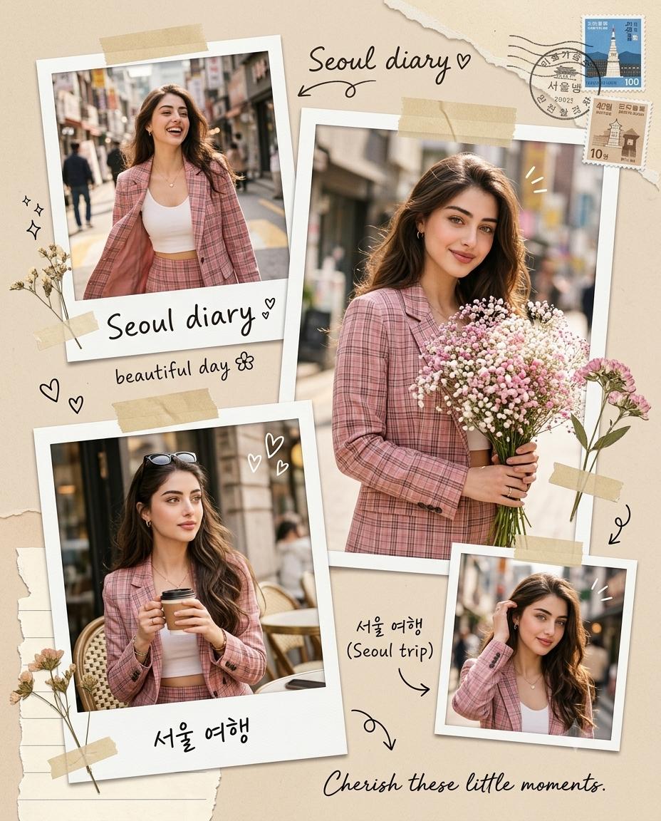 Pink plaid travel scrapbook AI image prompt Gemini | Polaroid collage, baby’s breath and Korean vintage journal aesthetic