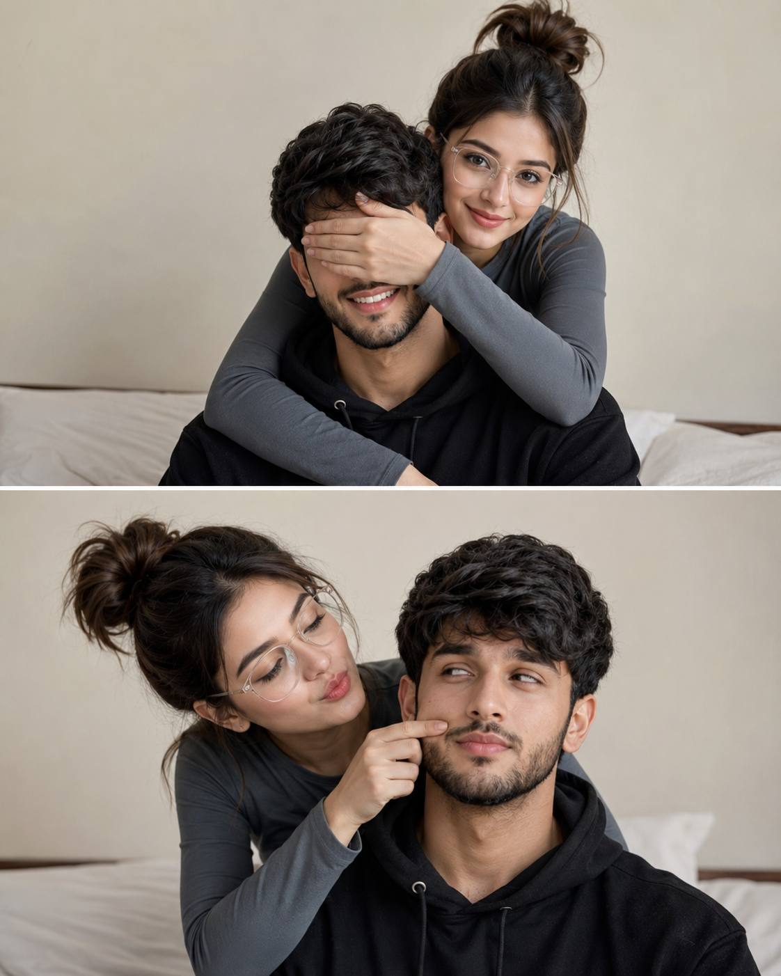 Playful Couple Bed Photo Collage | Ultra-Realistic Romantic AI Portrait Prompt