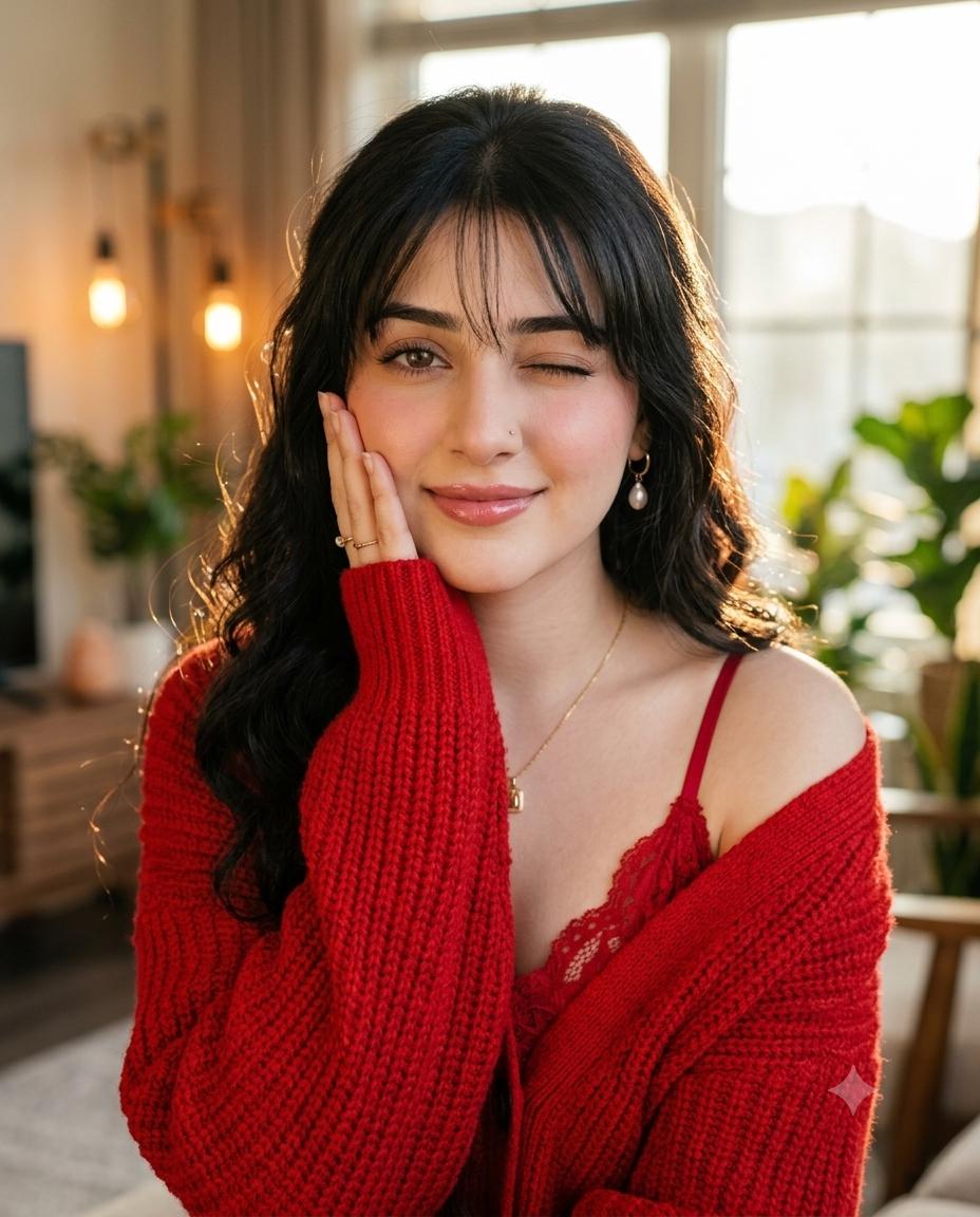 golden-hour fashion woman AI image prompt Gemini | Red knit cardigan