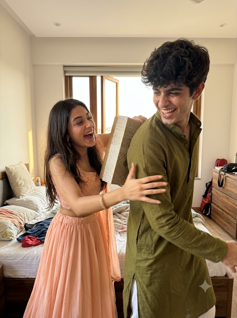 Playful Raksha Bandhan Brother Sister Gift Fight AI Image Prompt | Fun Family Photography
