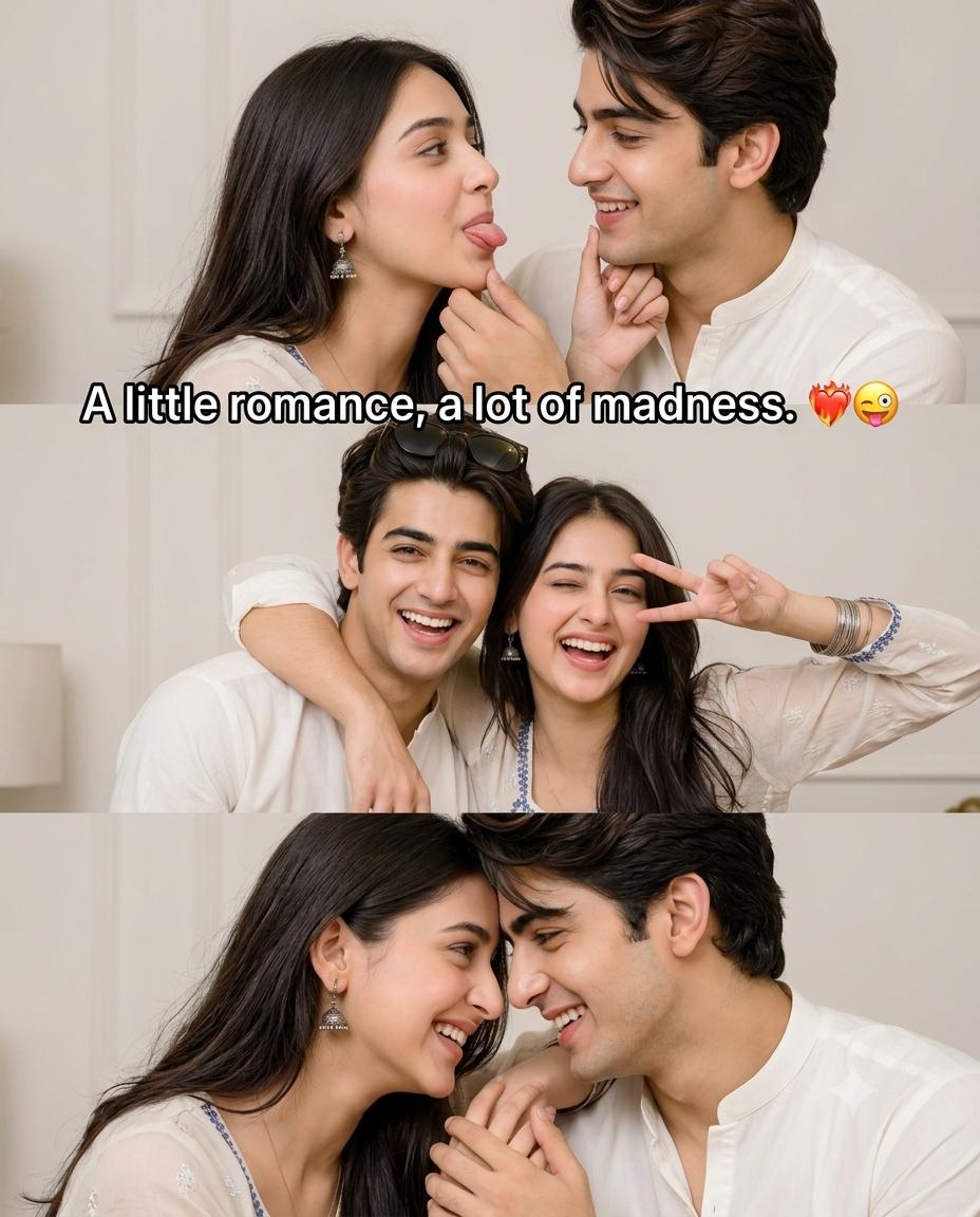 Romantic couple collage AI image prompt | Playful candid moments, three-panel layout and social media aesthetic