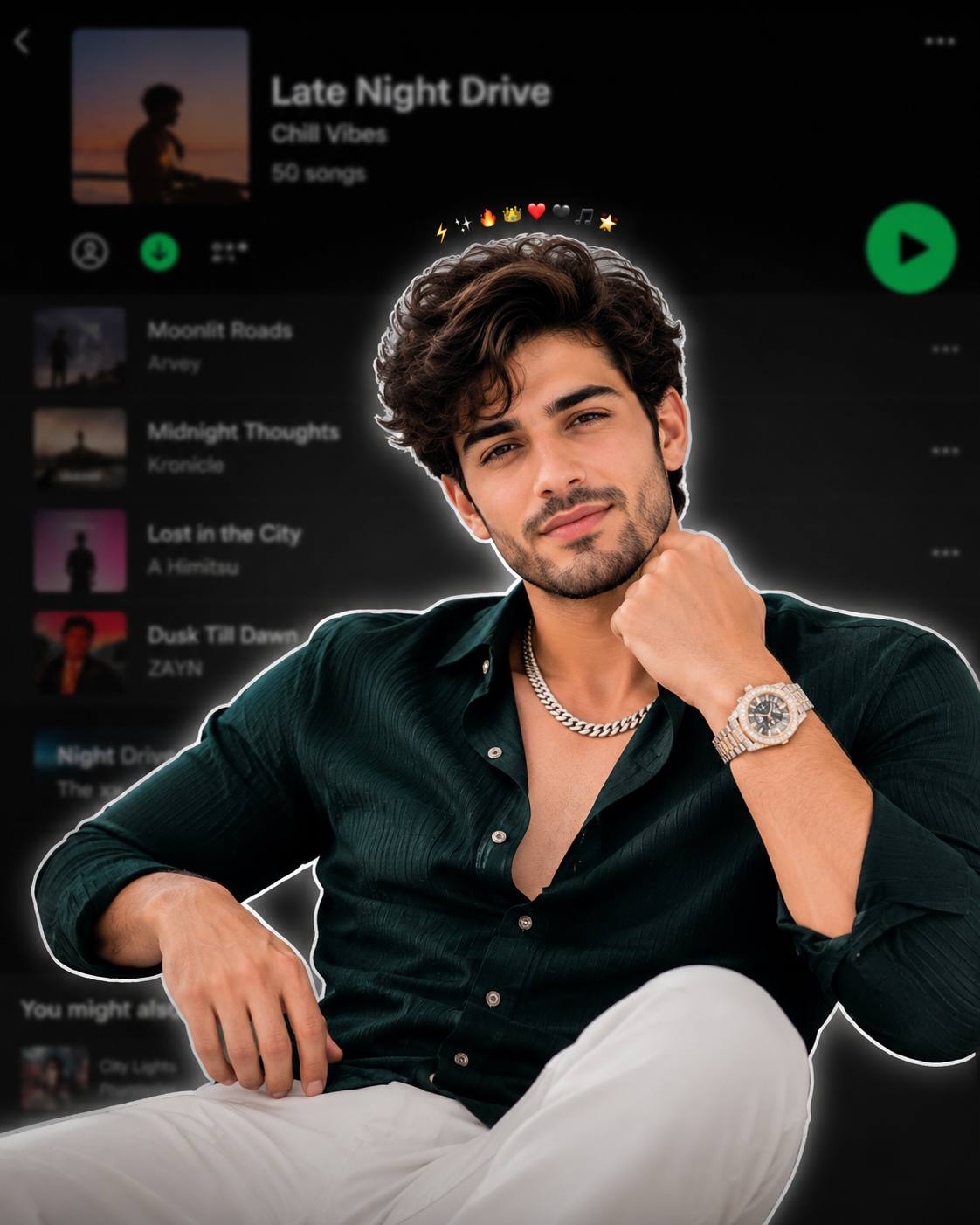 Premium Instagram Portrait with Emoji Crown and Music Playlist Background | AI Image Prompt