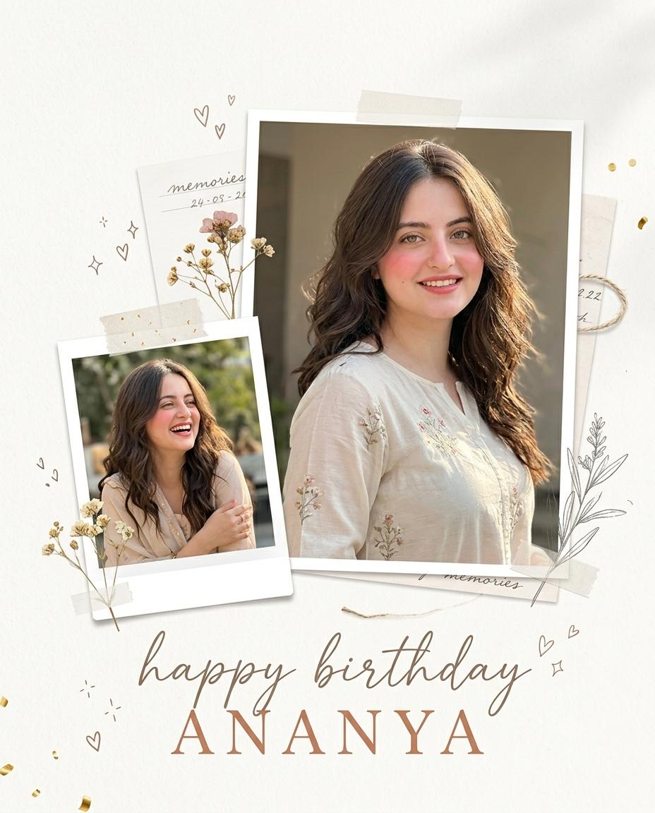 girl birthday poster AI image prompt Gemini | Minimalist scrapbook collage and dreamy natural-light portrait
