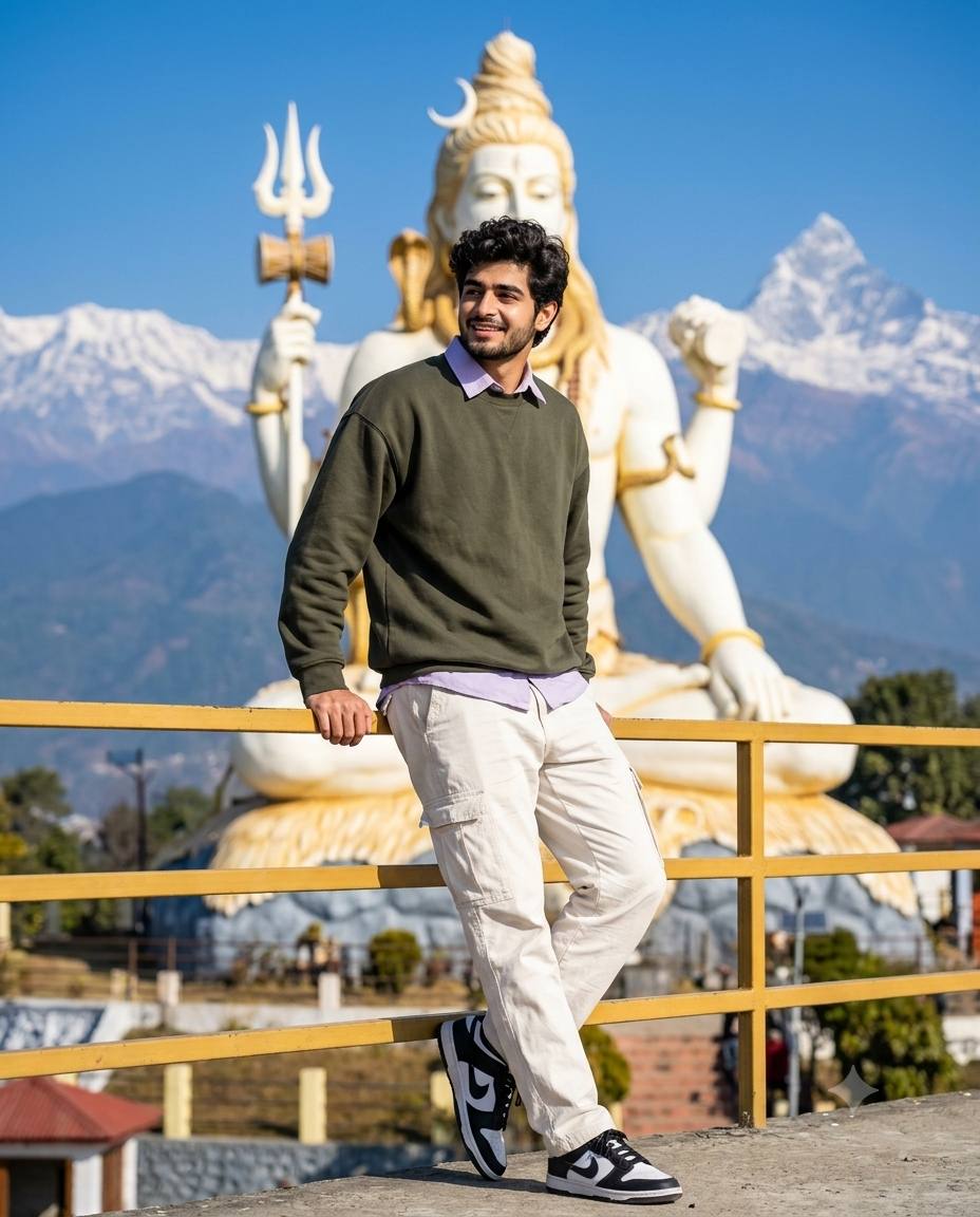 Pumdikot Pokhara portrait AI prompt | Shiva statue & Himalayan mountains