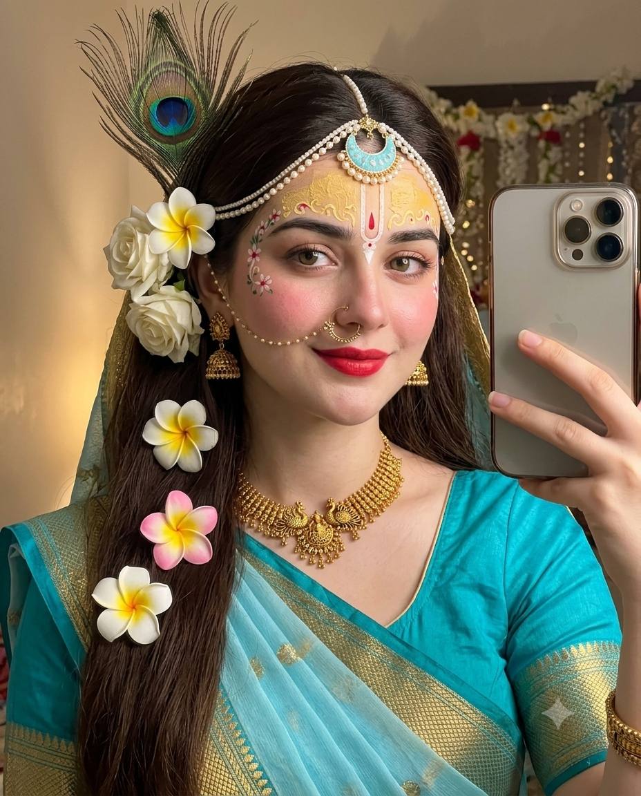Radha Krishna mirror selfie AI prompt | saree, peacock feather & temple jewelry