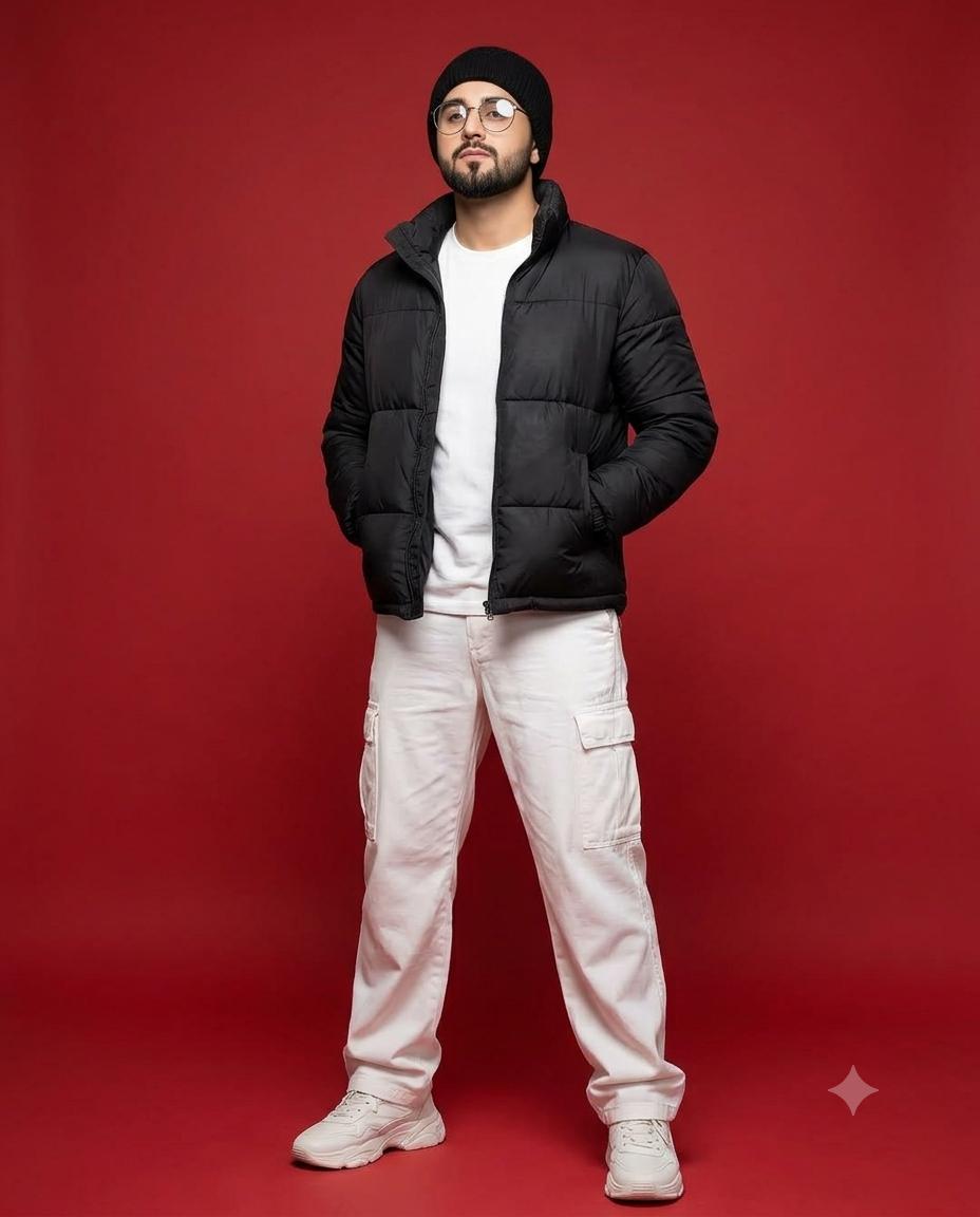 Streetwear Man Red Studio Portrait AI Image Prompt | Black Puffer & White Cargo Pants