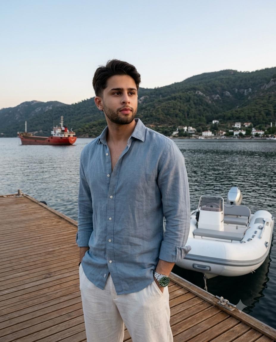 Coastal man portrait AI image prompt Gemini | Steel-blue linen shirt, ivory trousers and serene twilight waterfront photography