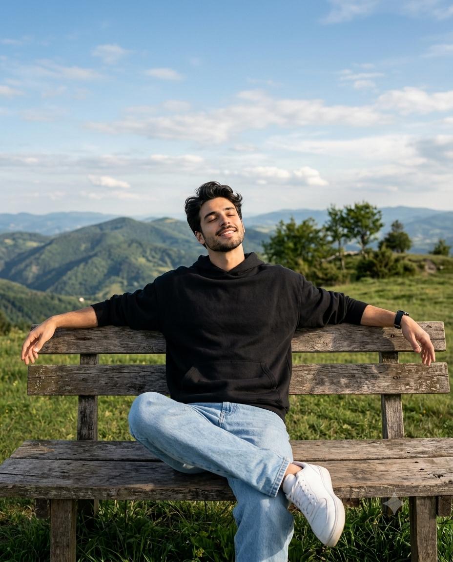 Hilltop man portrait AI image prompt Gemini | Black hoodie, blue jeans and natural mountain travel photography