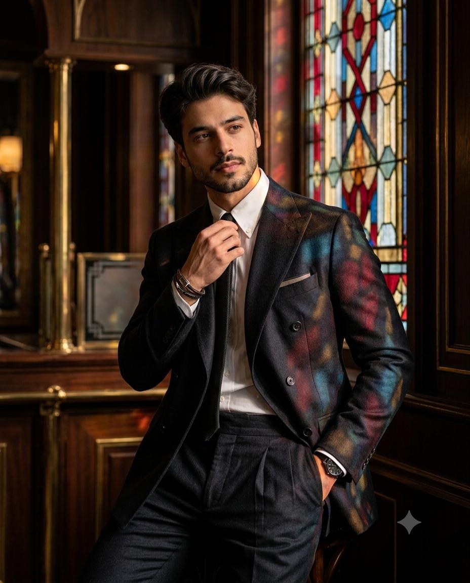 Retro male fashion portrait AI image prompt Gemini | Art Deco suit, stained-glass lighting and vintage luxury style