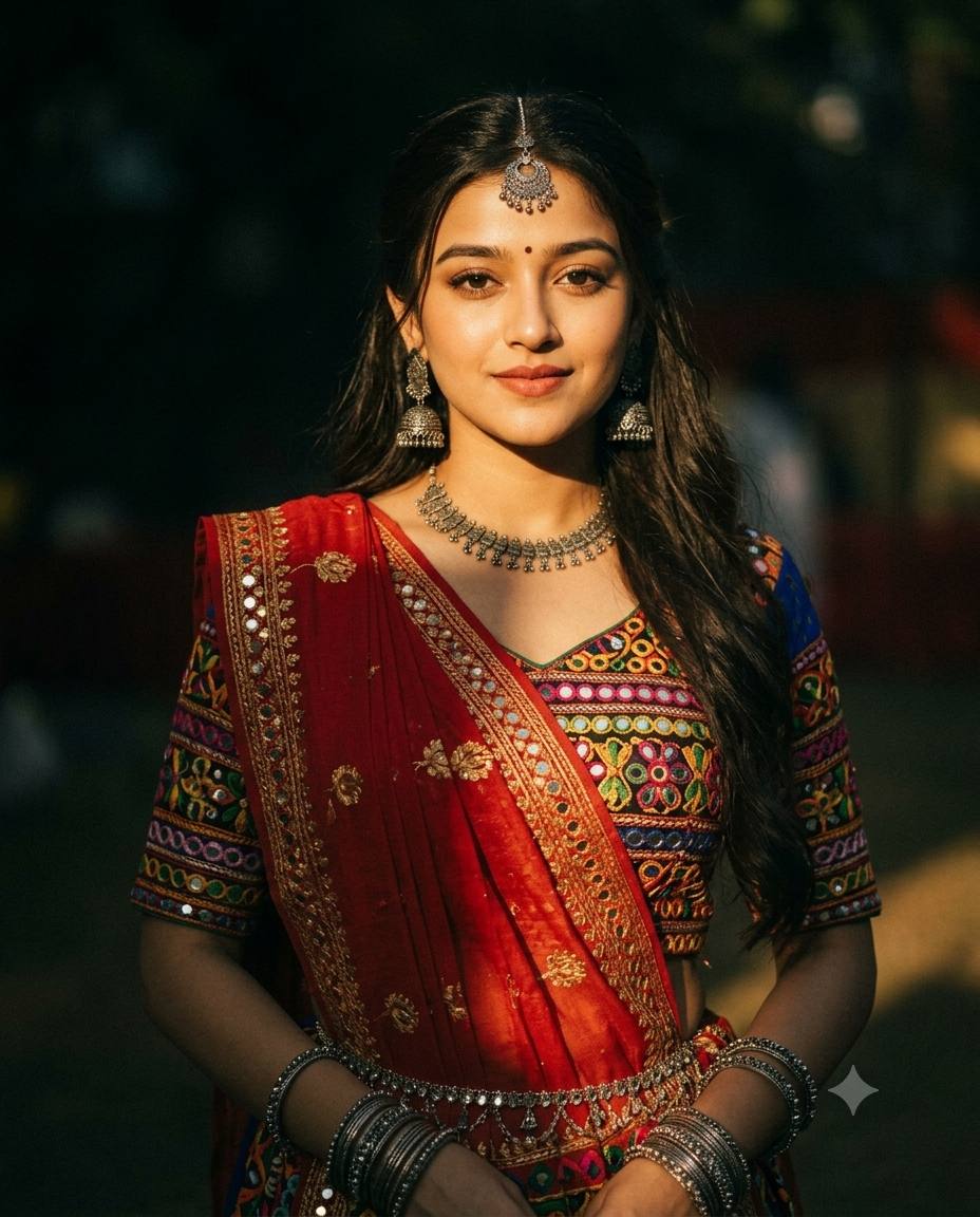 Retro Gujarati Garba AI prompt | Mirror-work chaniya choli & golden light