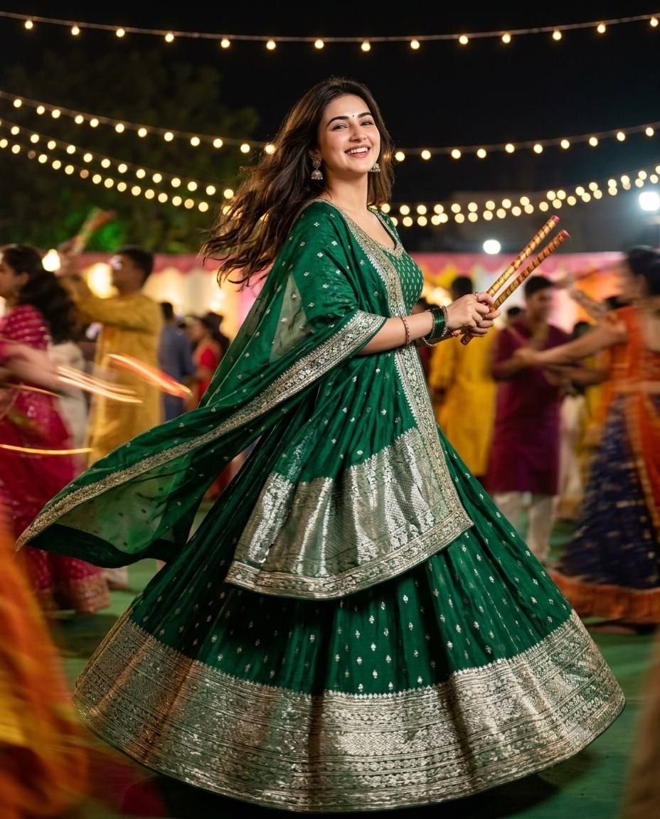Retro Gujarati Garba AI prompt | Emerald lehenga & dandiya sticks