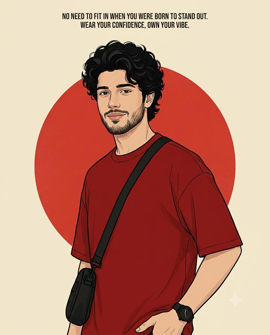 South Indian man illustration AI image prompt Gemini | Retro red T-shirt and minimalist vintage poster art