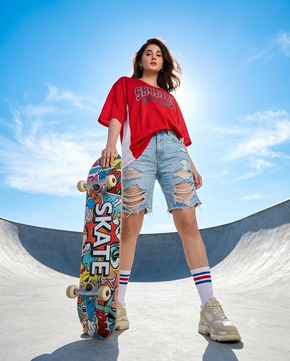 Low-Angle Urban Skateboard Photography Ai image prompt Gemini | Red Jersey, Distressed Denim Shorts