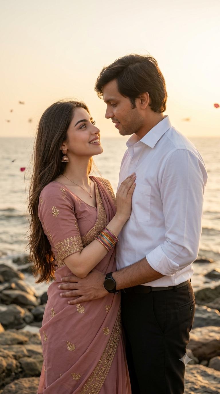 Indian Couple Beach Portrait AI Image Prompt | Dusty Pink Saree & Golden Sunset