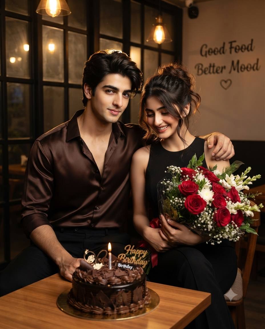 Romantic birthday café couple portrait AI prompt | Cinematic celebration style