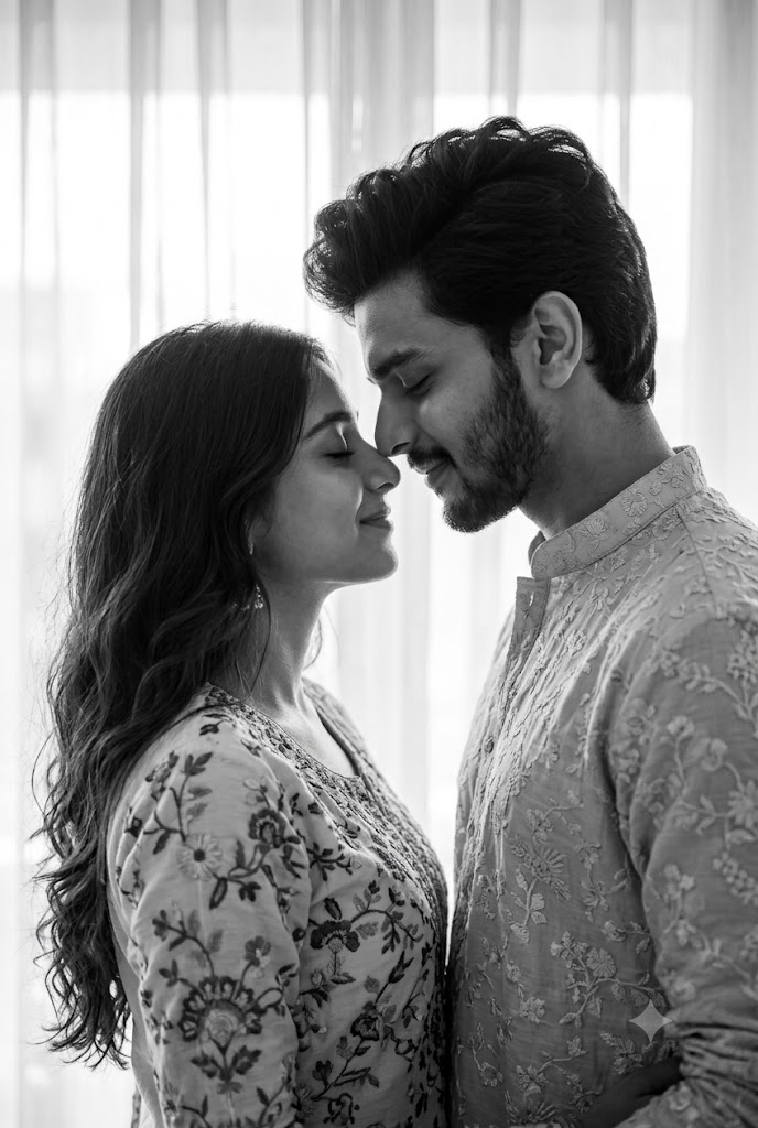 Romantic Black and White Indian Couple Portrait AI Prompt | Cinematic Intimate Love Photography