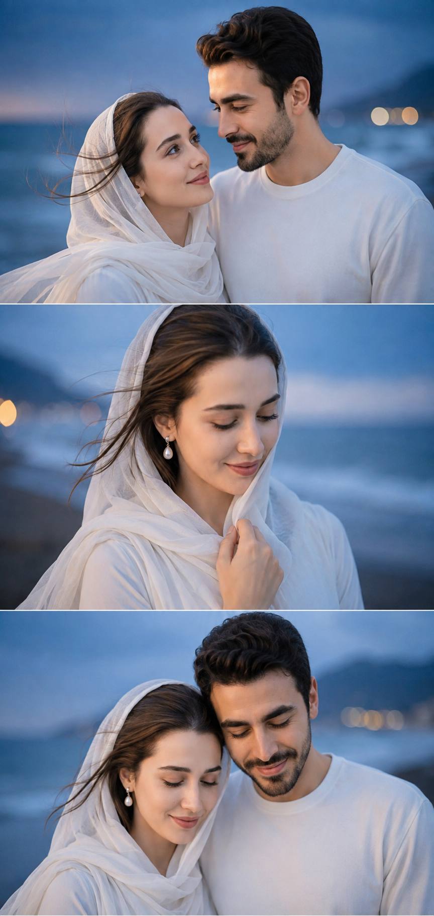 Romantic Blue Hour Beach Couple Collage – Cinematic Three-Panel AI Image Prompt