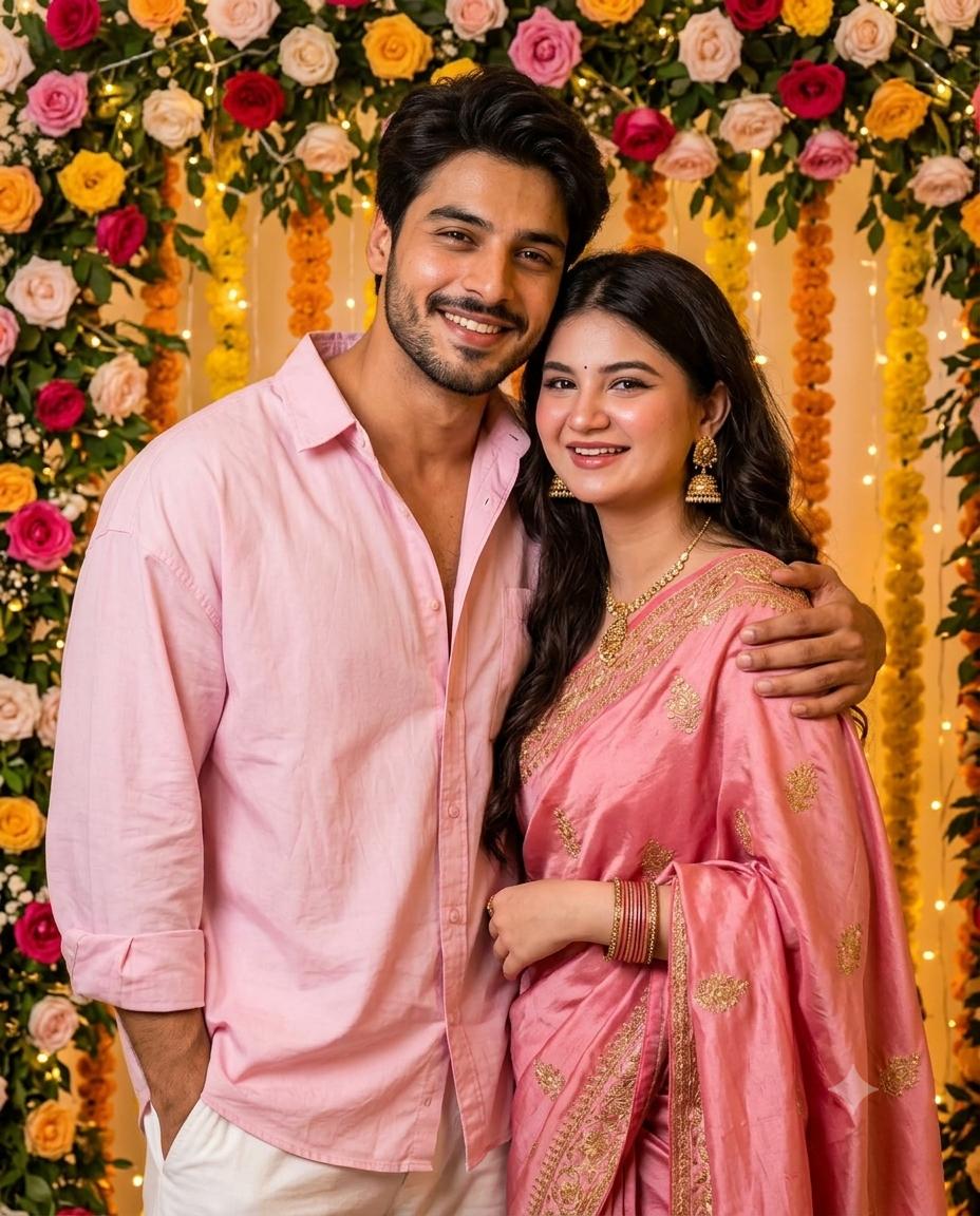 Couple Romantic Portrait AI Image Prompt | Pink Saree, Jewelry & Floral Decor Style