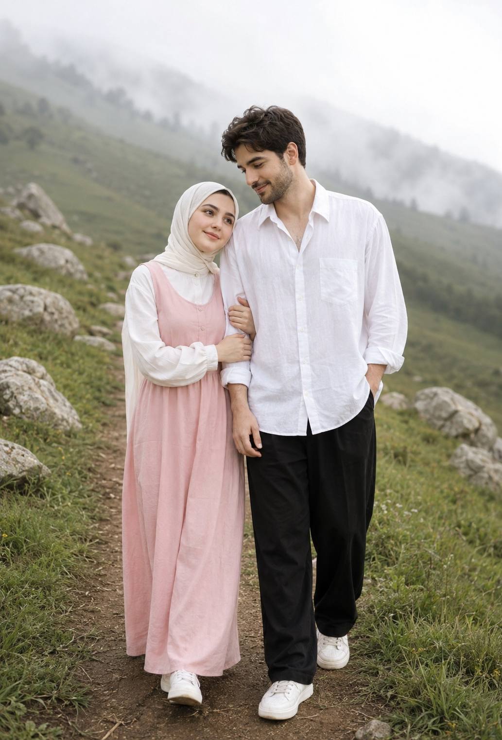 Romantic Couple Walking in Misty Mountain Meadow – Cinematic 8K AI Image Prompt