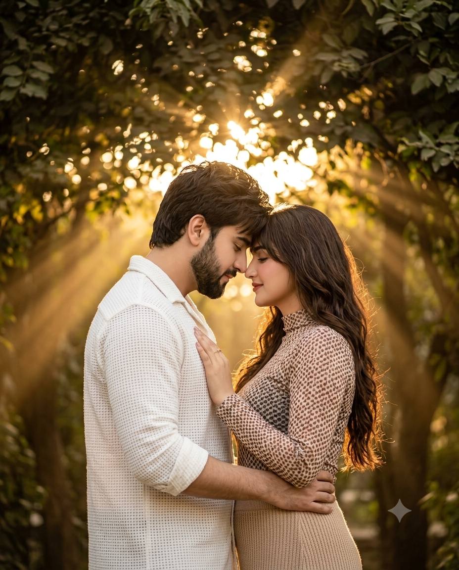 Romantic couple portrait AI prompt | Forehead-to-forehead golden hour