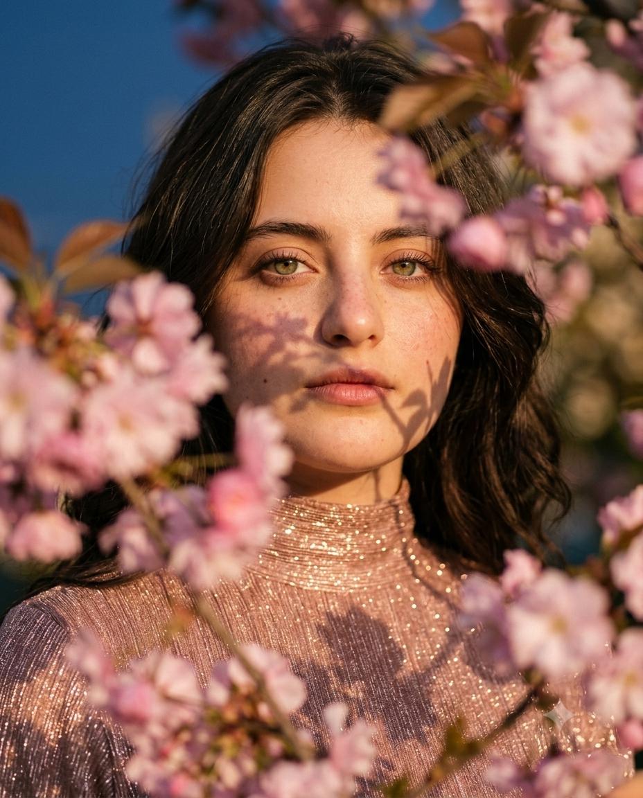 Woman spring portrait AI image prompt Gemini | Rose-gold dress, pink blossoms and dreamy golden-hour photography