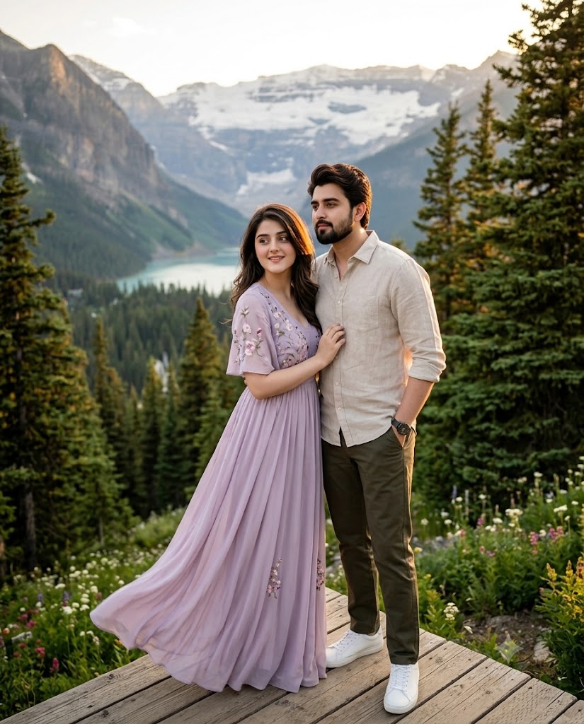Romantic Golden Hour Mountain Valley Couple Portrait AI Image Prompt