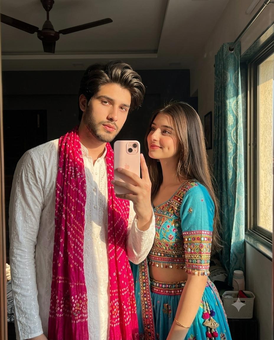 Indian couple mirror selfie AI image prompt Gemini | Traditional outfits and golden-hour cinematic photography