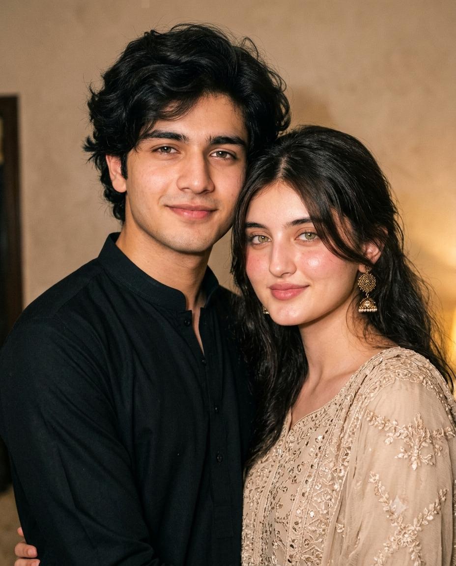 Indian couple portrait AI image prompt | Black kurta, beige ethnic outfit and warm indoor lightin