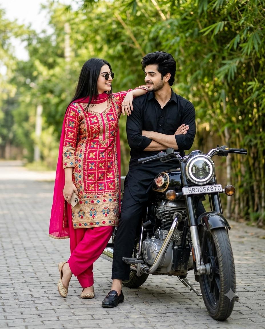 Indian couple portrait AI image prompt | Royal Enfield, hot pink Phulkari salwar kameez and black kurta pajama