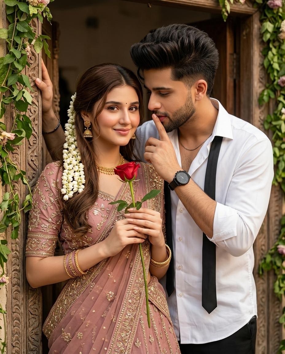 couple portrait AI image prompt Gemini | Red rose, dusty pink ethnic wear and romantic cinematic photography
