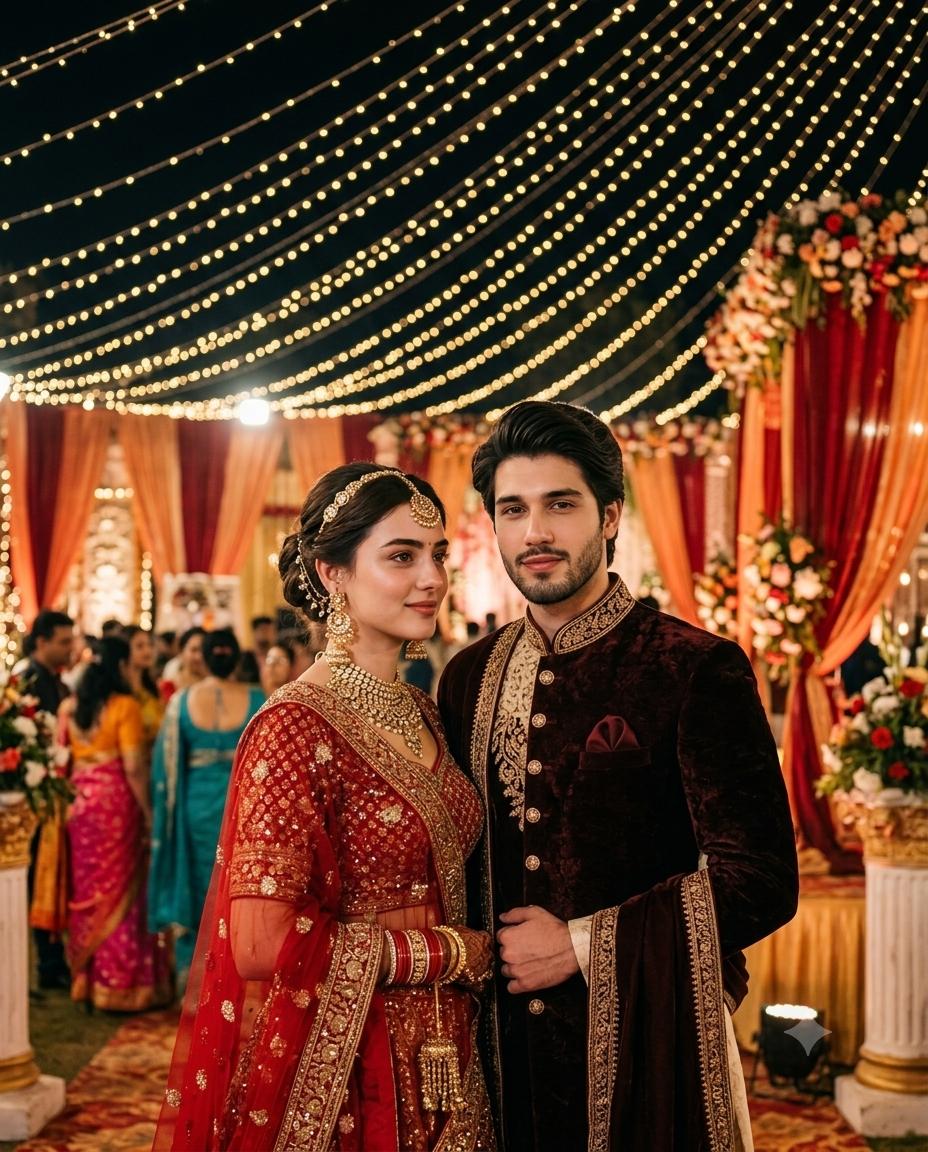 Indian wedding couple portrait AI image prompt Gemini | Red-gold decor, golden fairy lights and cinematic night photography