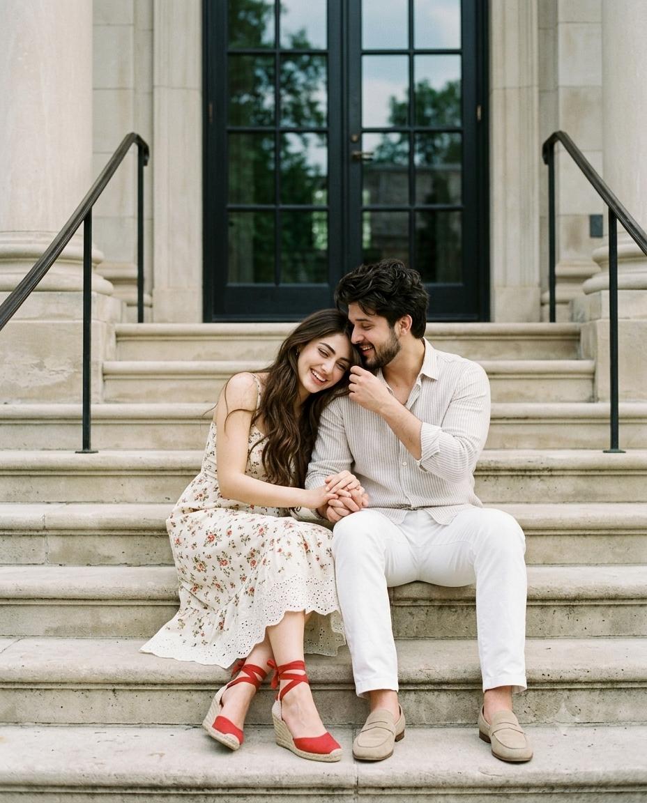 Romantic couple portrait AI image prompt Gemini | Floral sundress, striped linen shirt and cinematic European lifestyle