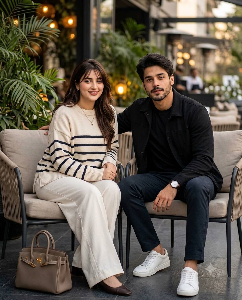 Romantic couple portrait AI prompt | Cream sweater, garden café, photorealistic 4:5