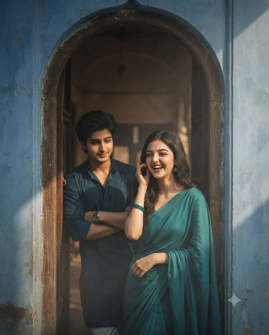 South Asian couple portrait AI prompt | Romantic old Haveli cinematic