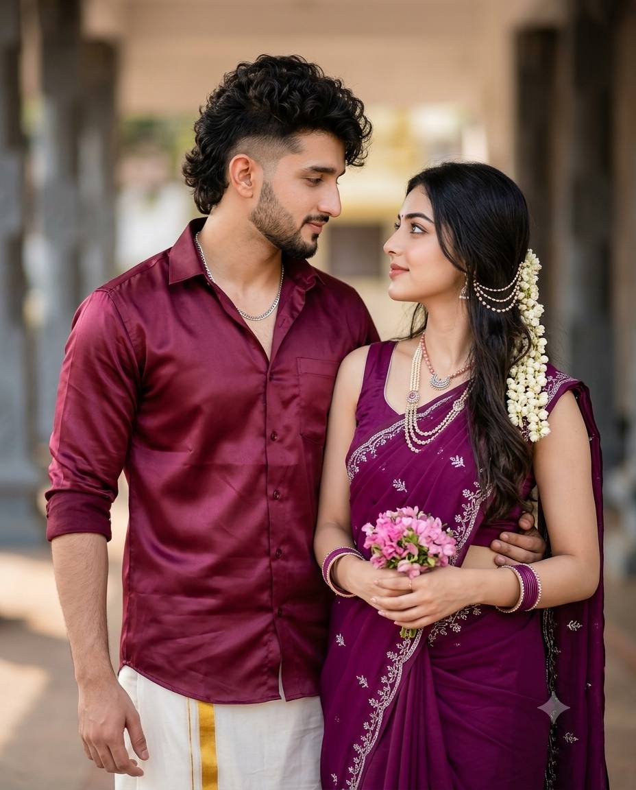 South Indian couple portrait AI prompt | Maroon shirt, magenta saree & veshti