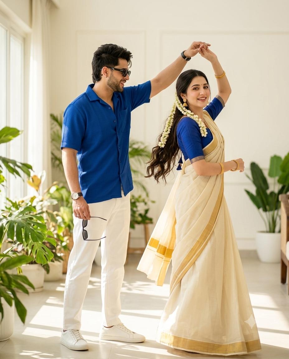 Indian couple dance AI image prompt Gemini | Royal blue and ivory outfits, elegant saree twirl