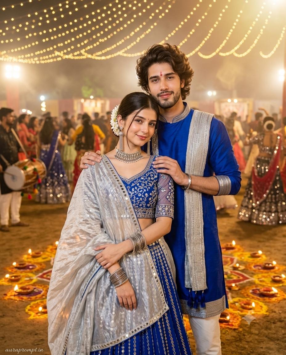 Indian couple Garba AI image prompt Gemini | Royal blue and silver outfits, cinematic Navratri festival photography