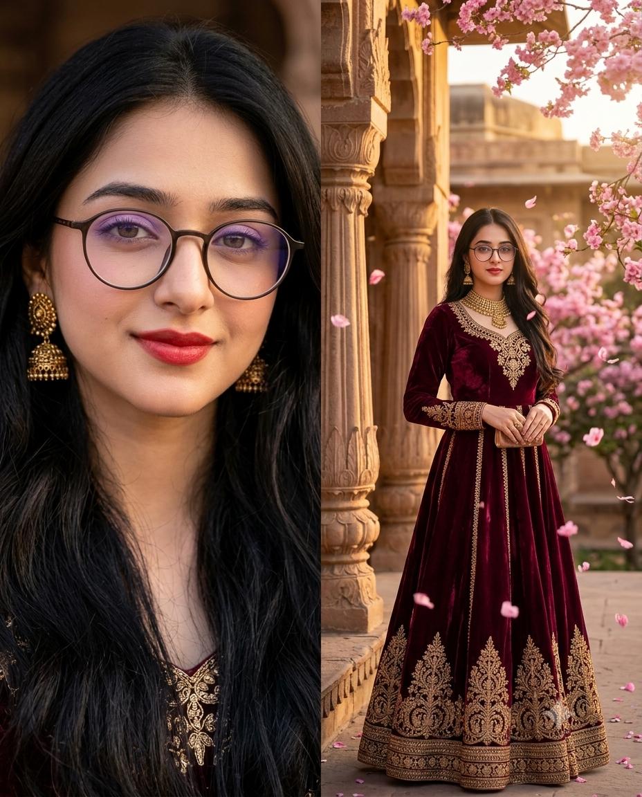 Indian woman burgundy gown portrait AI image prompt | Golden embroidery, jhumkas and dreamy sunset palace