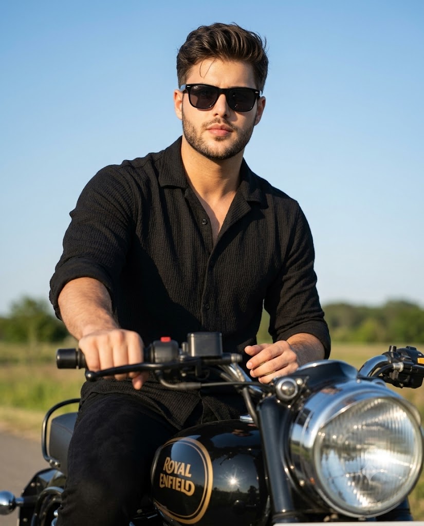 Royal Enfield Close-up Cinematic Portrait | Male Rider in Black on Bullet Ultra-Realistic AI Prompt