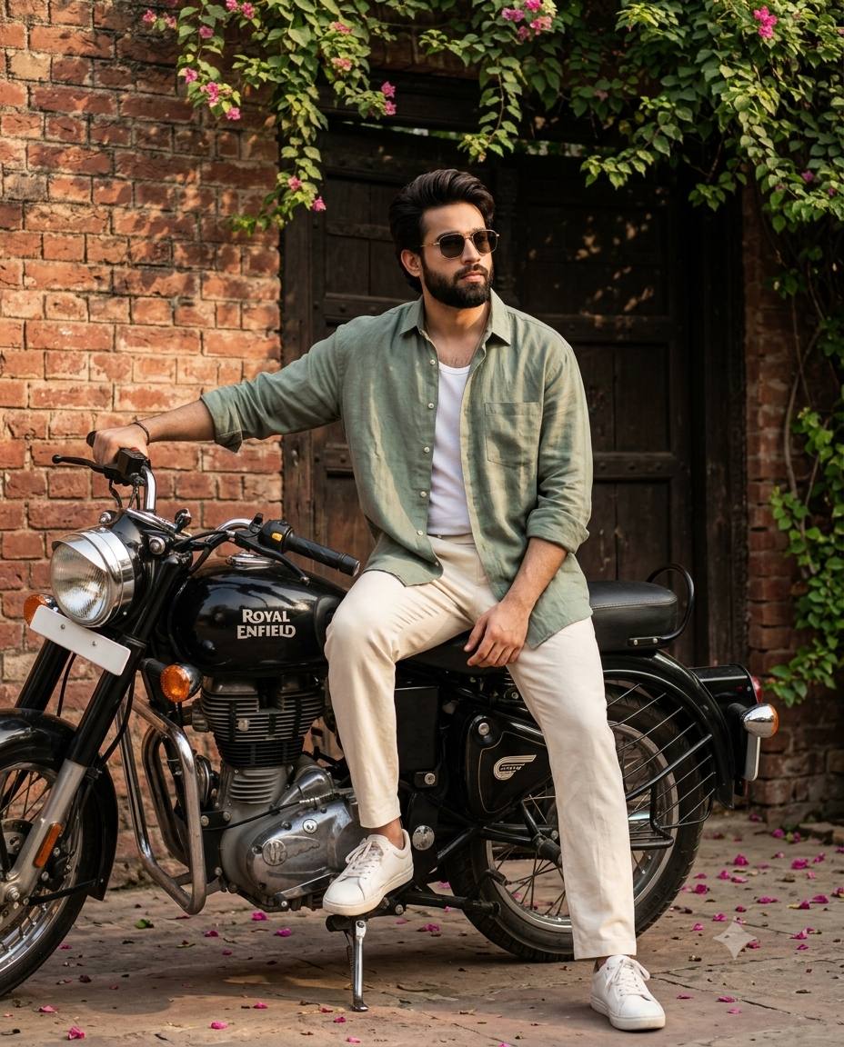 Royal Enfield courtyard portrait AI prompt | Sage green shirt & pink flowers