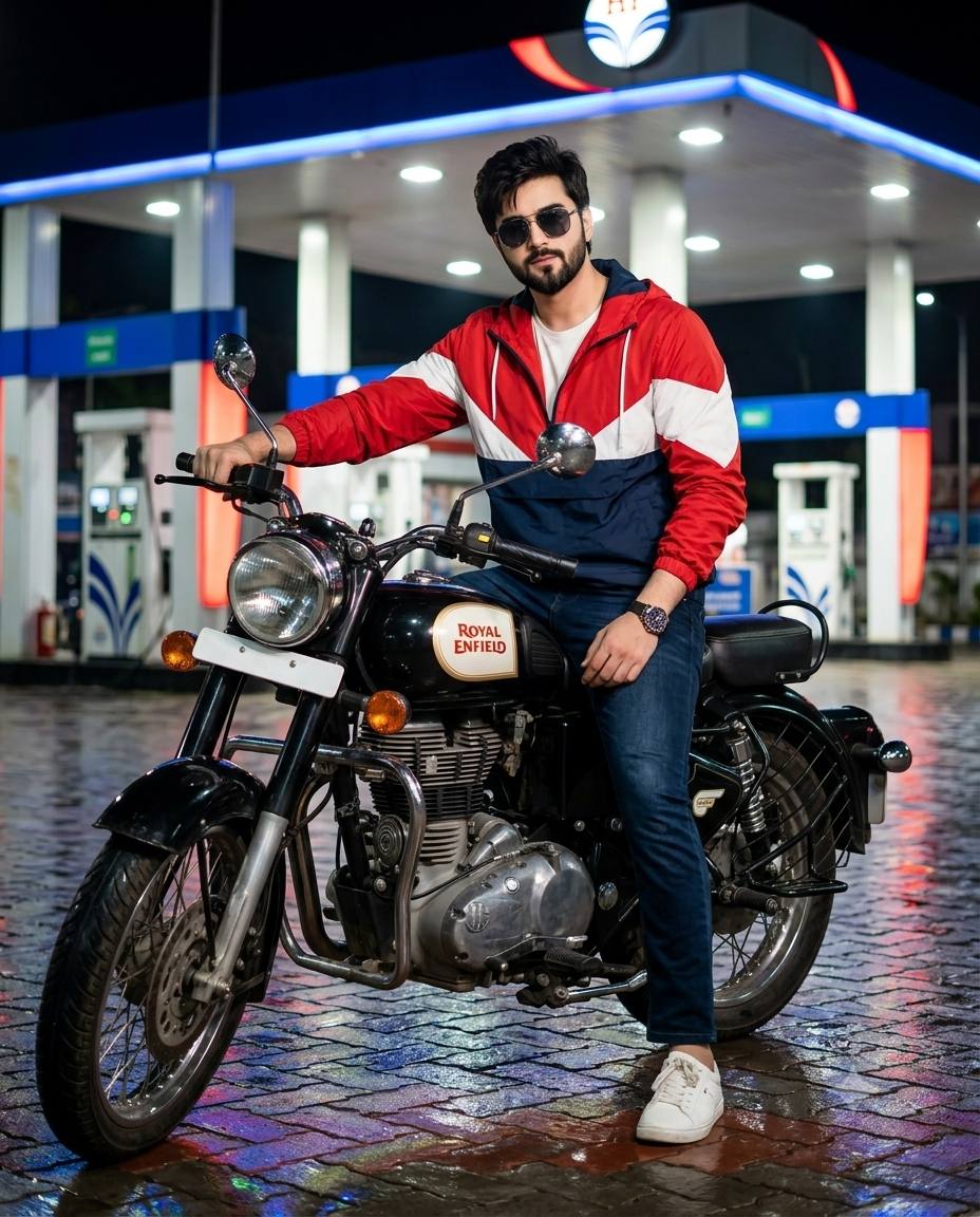 Royal Enfield night portrait AI prompt | Color-block windbreaker & petrol station