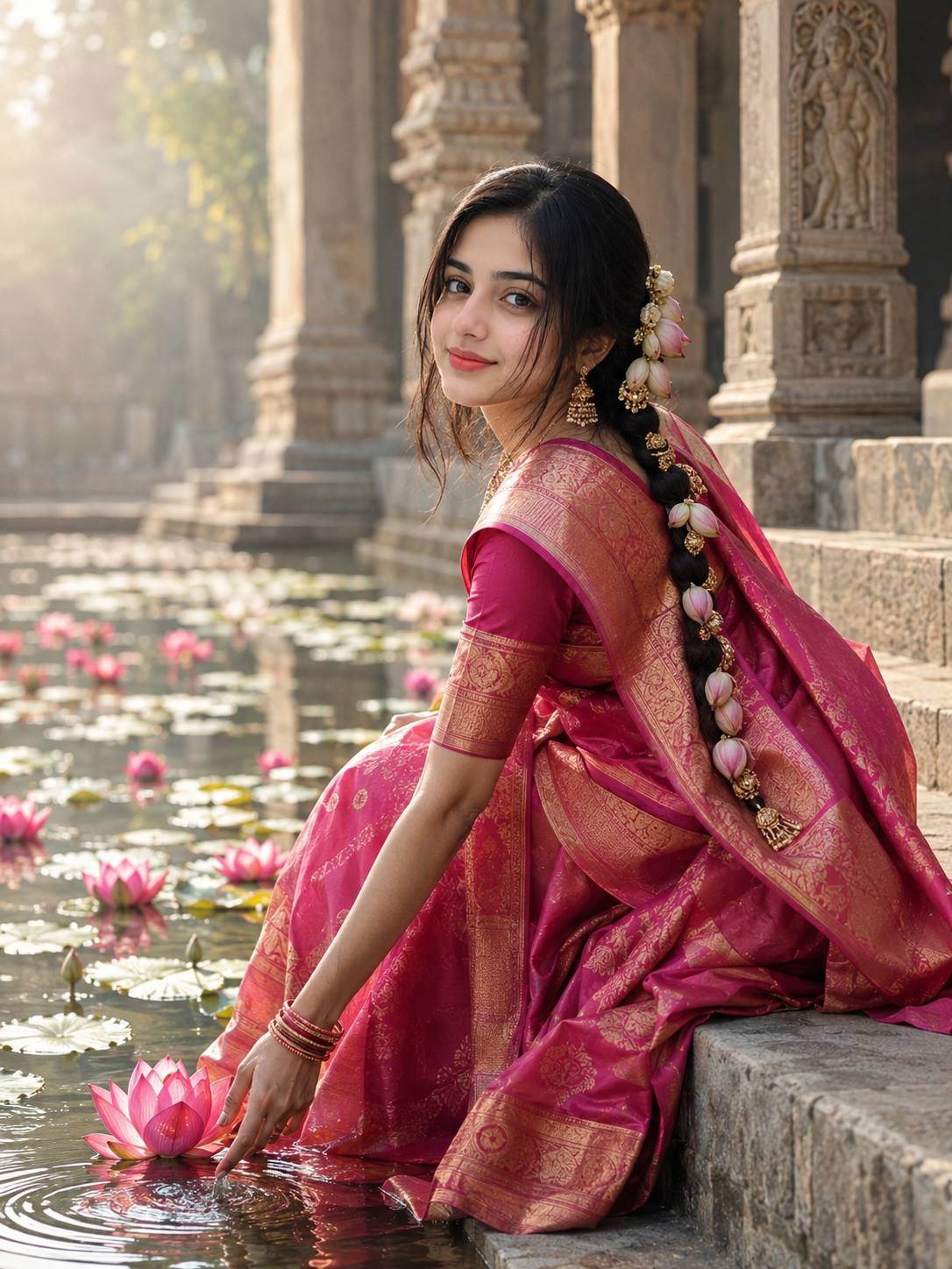 Royal Pink Kanjeevaram Saree Woman by Sacred Lotus Pond – Cultural Fine Art AI Image Prompt